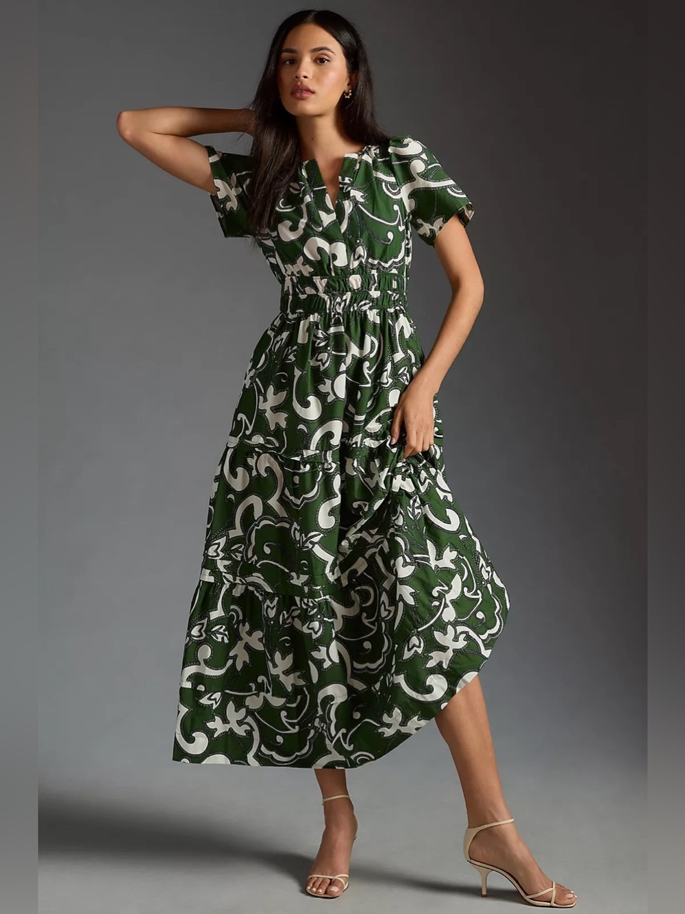 Anthropologie The Somerset Maxi Dress Puff Sleeve Green Novelty Print Small